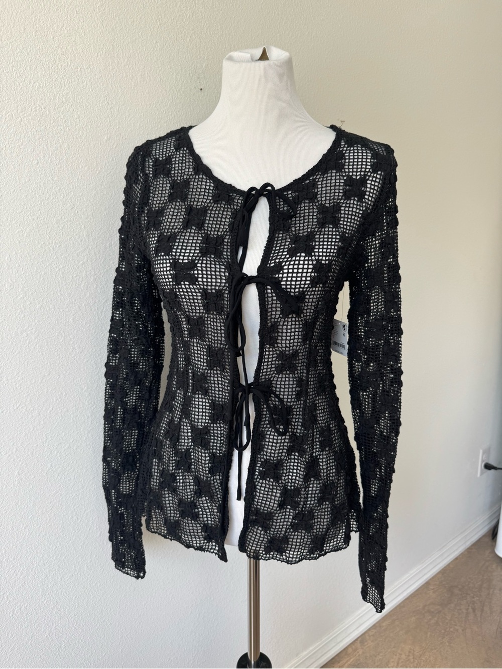 NWT Free People Black Crochet Tie-Front Women's Top